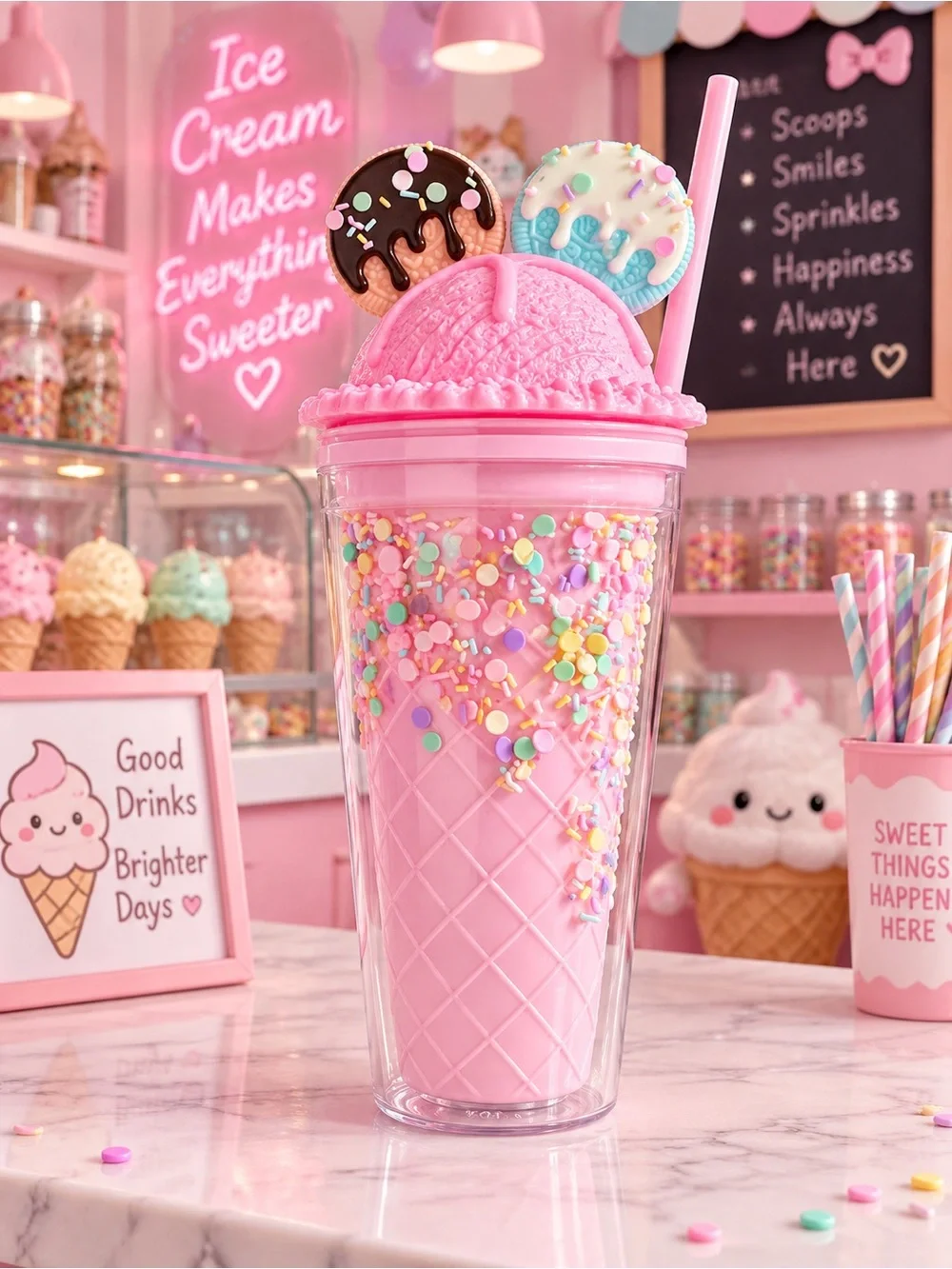 Pink Ice Cream Sprinkle Tumbler with Straw